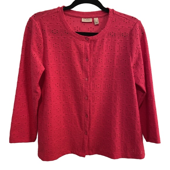 LOGO by Lori Goldstein Stretch Eyelet Button Front Cardigan Wild Berry S New - Picture 1 of 12